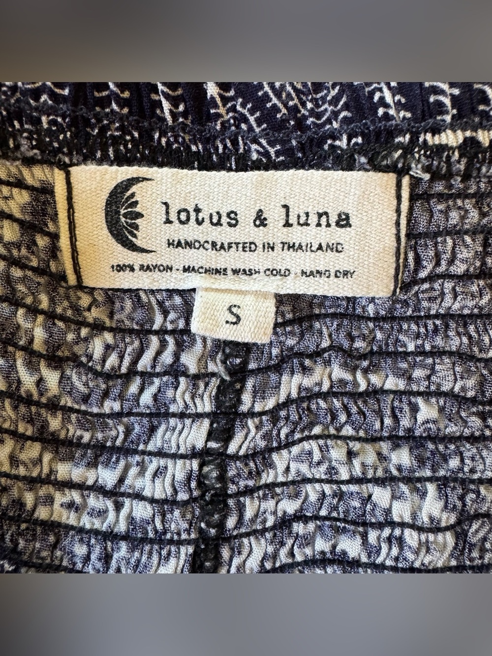 Lotus and Luna Navy Blue White Mandala Harem Pants Balloon Smocked waist S - Picture 6 of 6